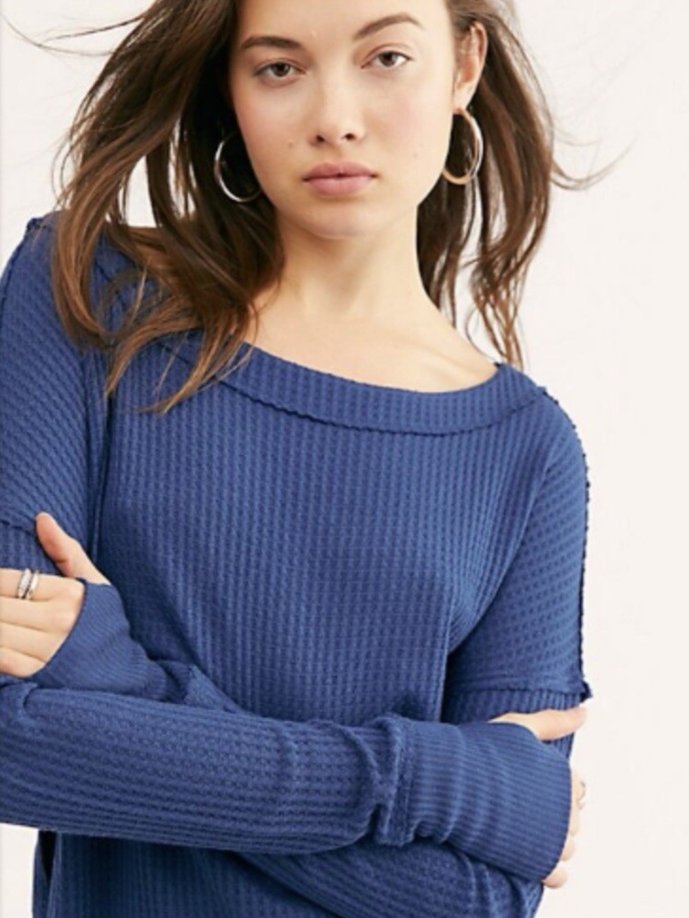 Free People North Shore Long Sleeve Deep Blue Thermal Tunic Top Oversized S